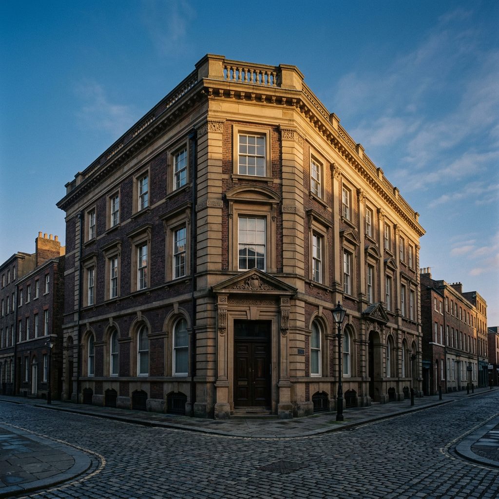 An elegant UK period commercial building exterior in warm early-morning light