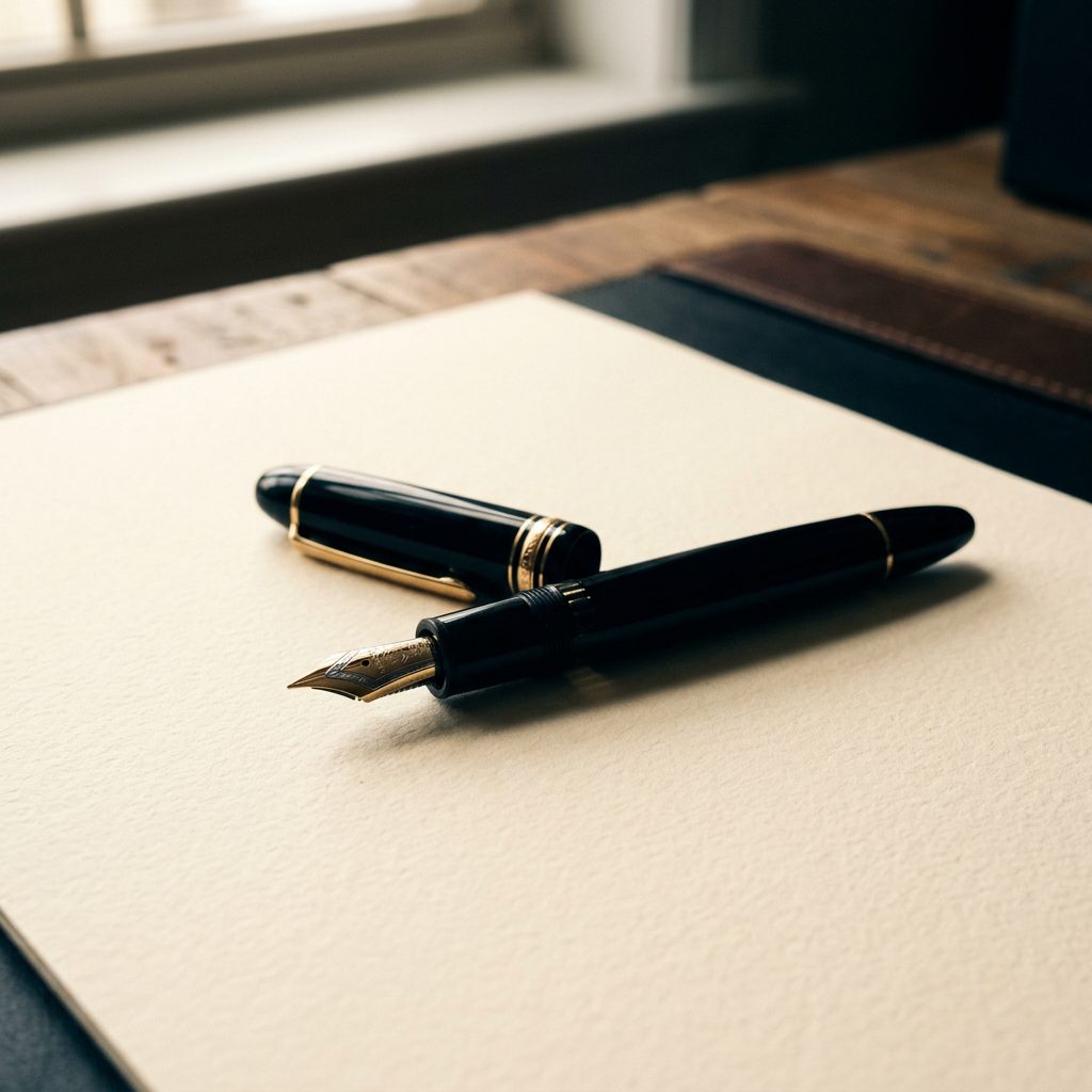 A fountain pen resting on blank cream writing paper