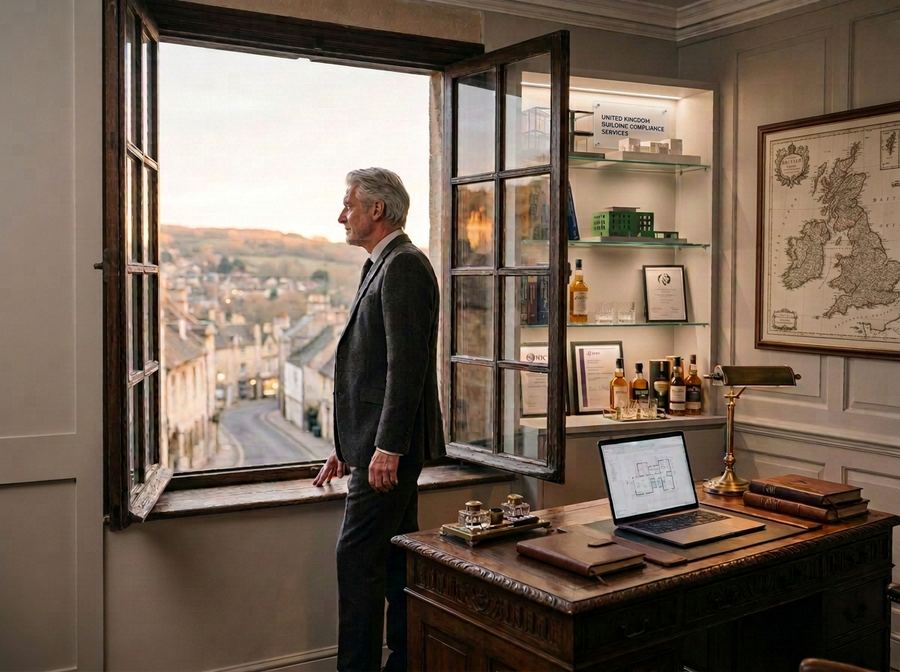 A business owner looking out over the city from a period office, weighing the future of their business